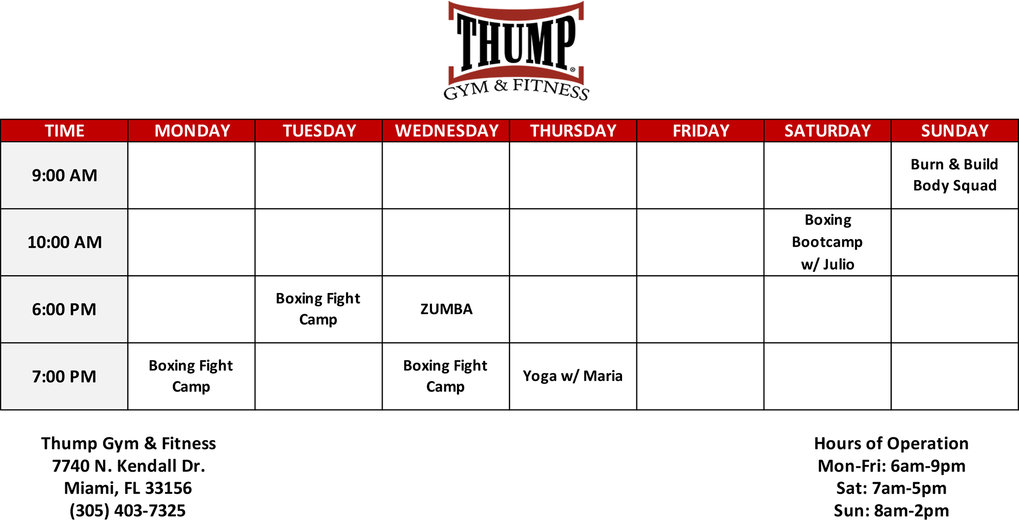 Thump Fitness Class Schedule